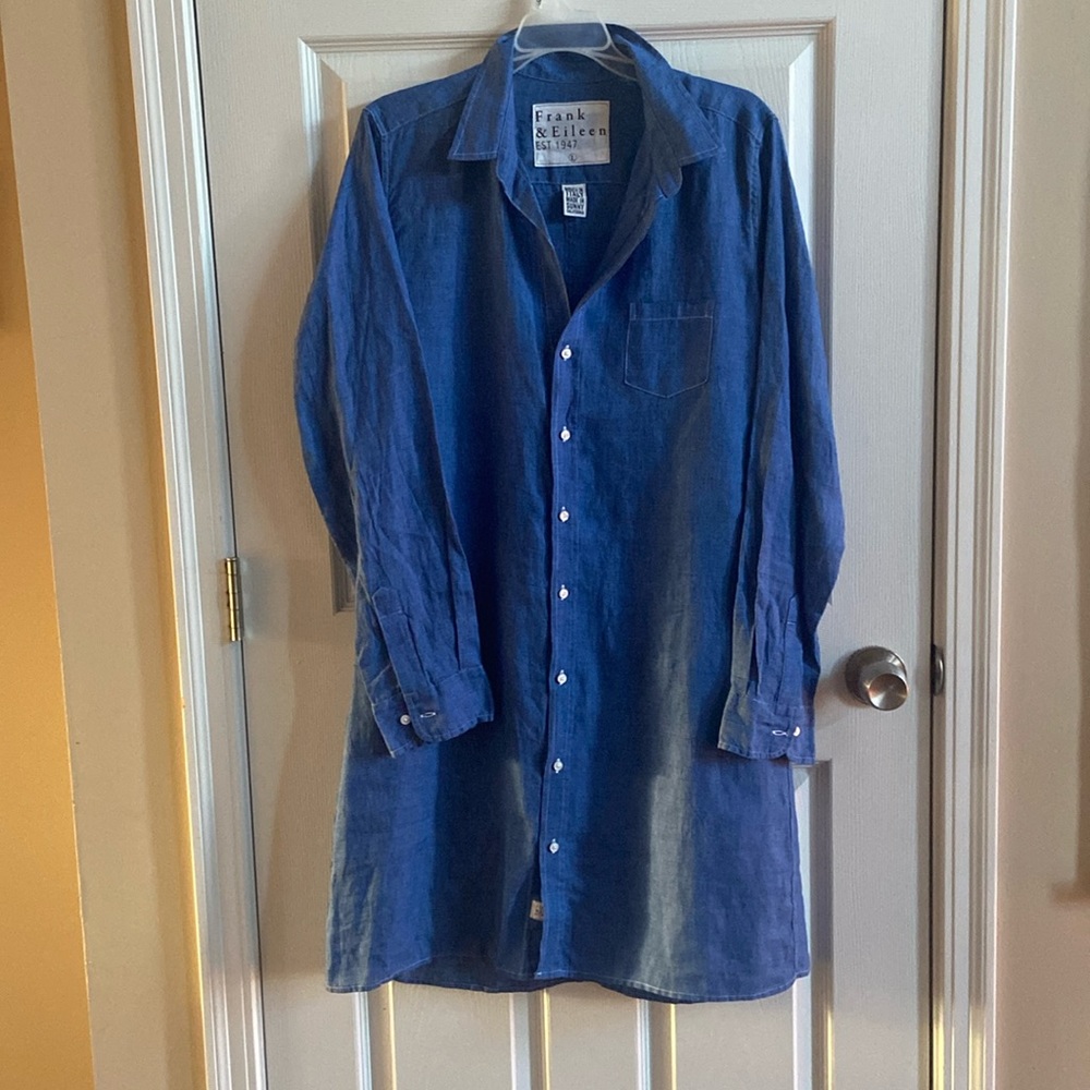 Frank & Eileen MURPHY style shirt dress. 100% linen, blue